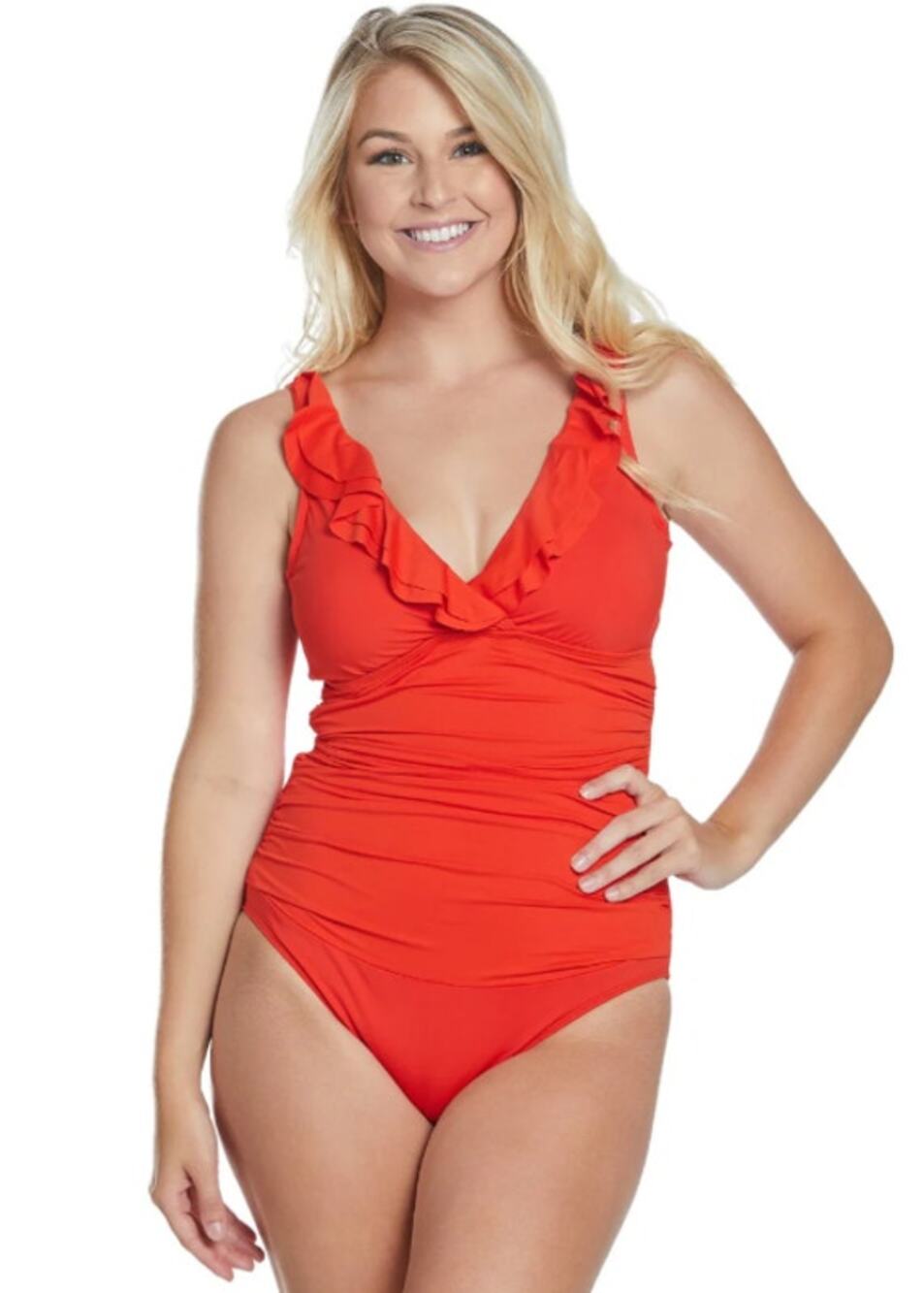 LAUREN RALPH LAUREN Ruffle One Piece Swimsuit Size 4 Red Beach Club NWT